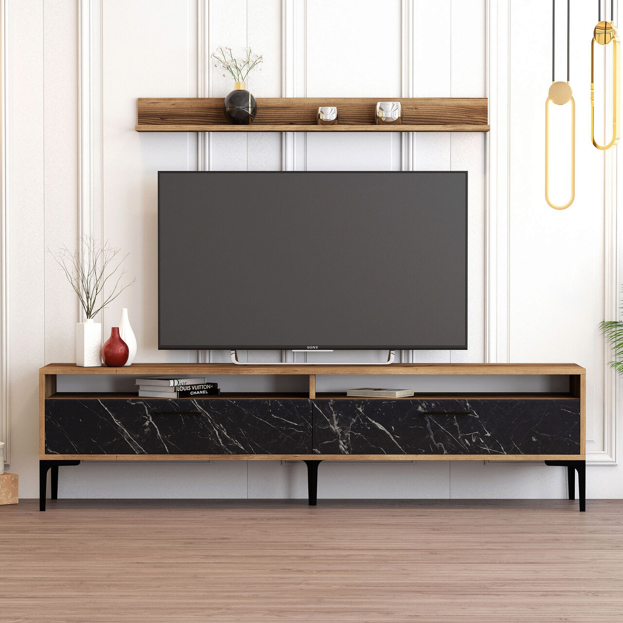 Comoda TV, Hanah Home, Istanbul, 180x47x35 cm, Nuc / Negru - imagine 7